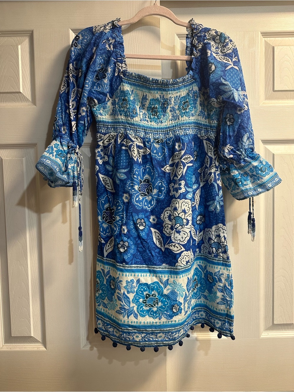 FARM Rio Blue and White Floral Smocked Mini Dress